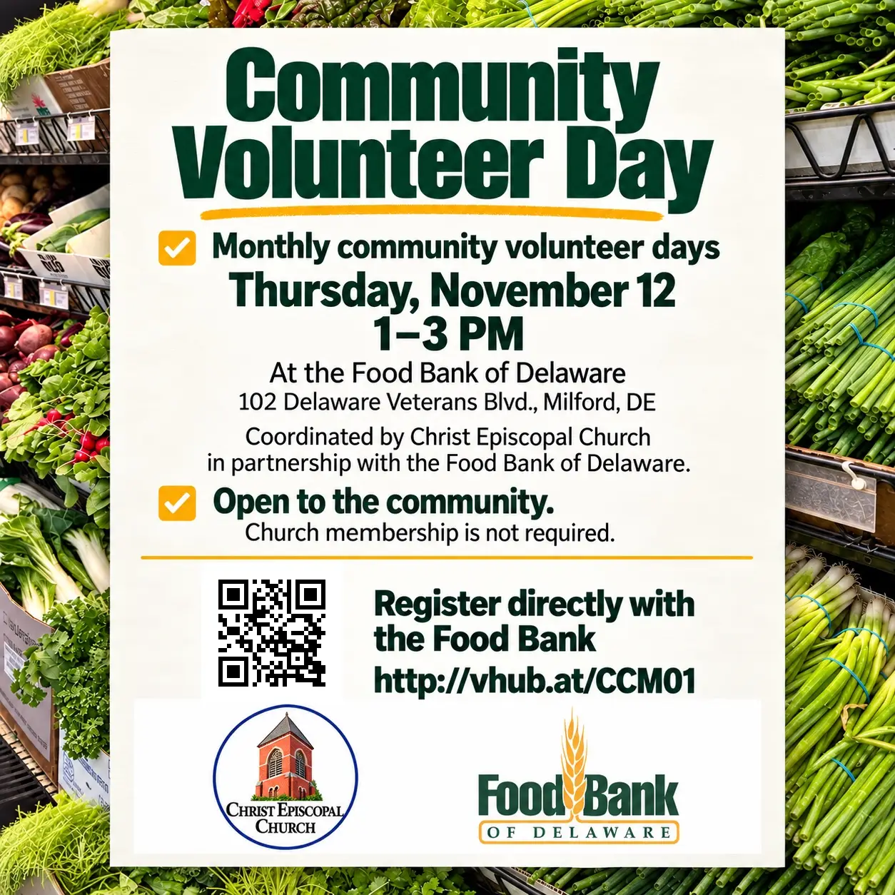 Community Volunteer Day at the Food Bank of Delaware, November 12, 2026, 1–3 PM. Register directly at http://vhub.at/CCM01 or scan the QR code.