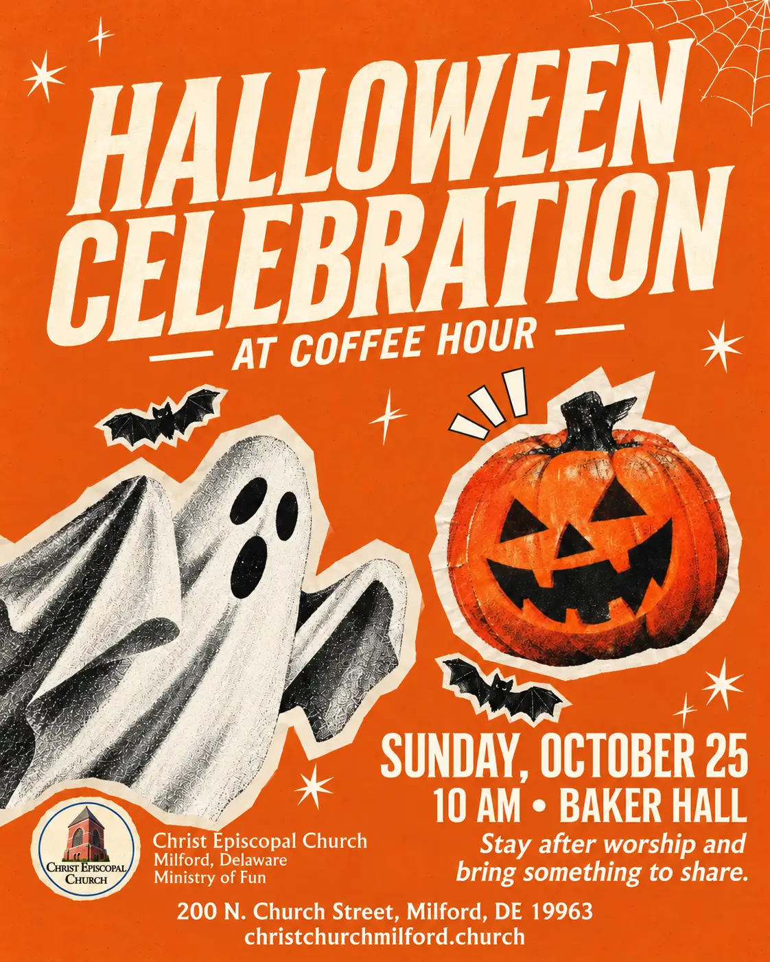 Halloween Celebration at Coffee Hour, Sunday, October 25 at 10 AM in Baker Hall, Christ Episcopal Church, Milford. Stay after worship and bring something to share. Ministry of Fun.