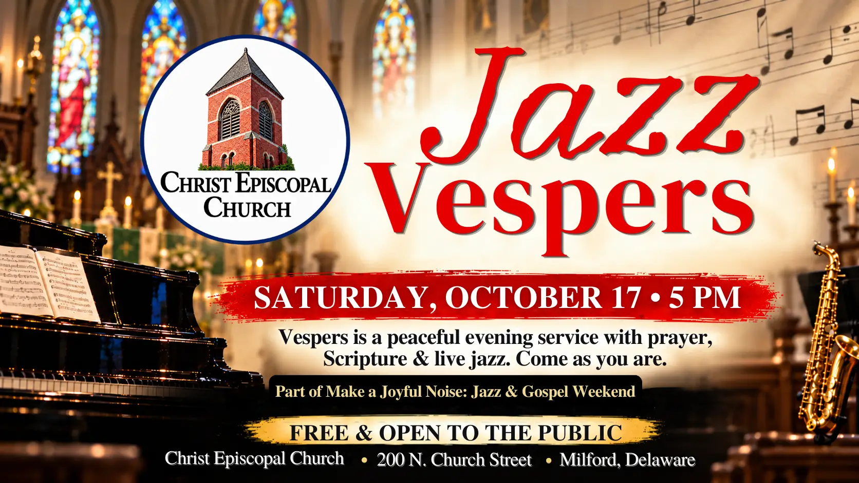 Jazz Vespers at Christ Episcopal Church in Milford, Delaware, Saturday, October 17 at 5 PM