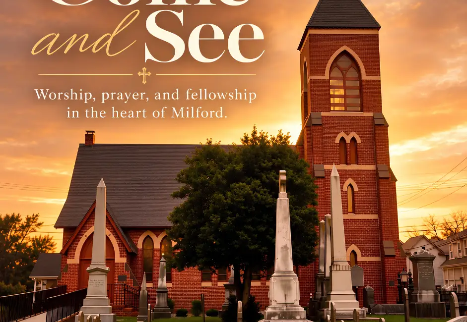 Exterior of Christ Episcopal Church in Milford, Delaware, with a “Come and See” invitation.